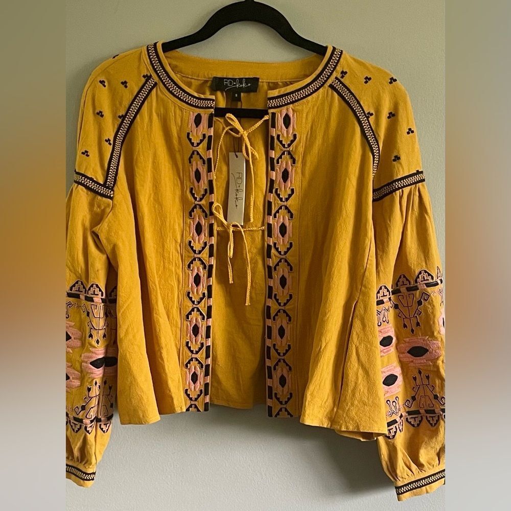 Anthropologie RD & Koko Embroidered Mustard Teddy Jacket Size Small
